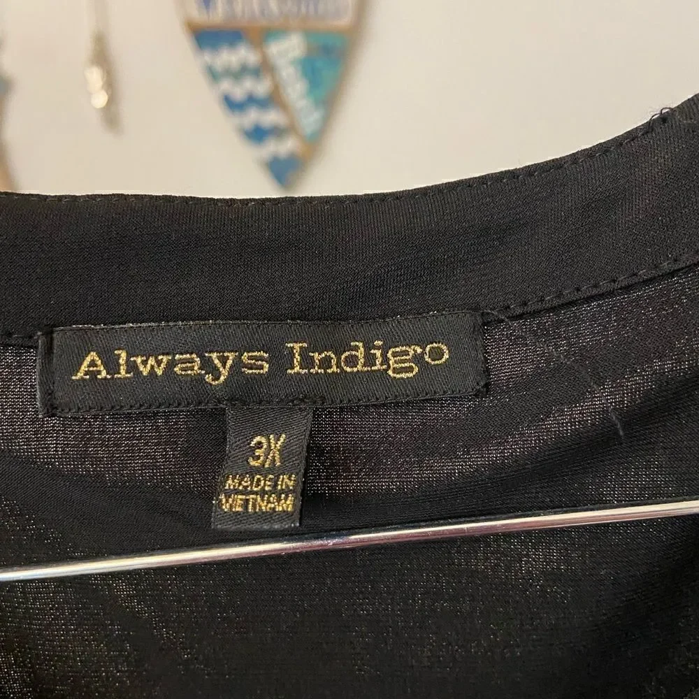 Always Indigo Long Sleeve Black Blouse Size 3X 1/4 Gold Zipper - Picture 8 of 12
